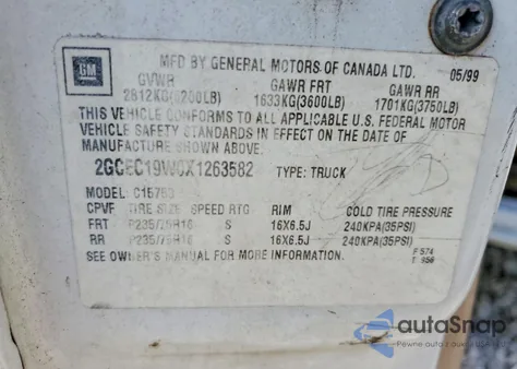 1999 Chevrolet Silverado C1500 z USA, uszkodzony, nr VIN 2GCEC19W0X1263582